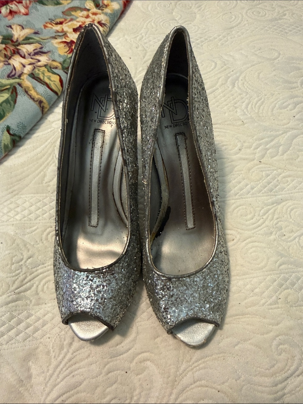 new directions Silver Glitter Peep-Toe Heels